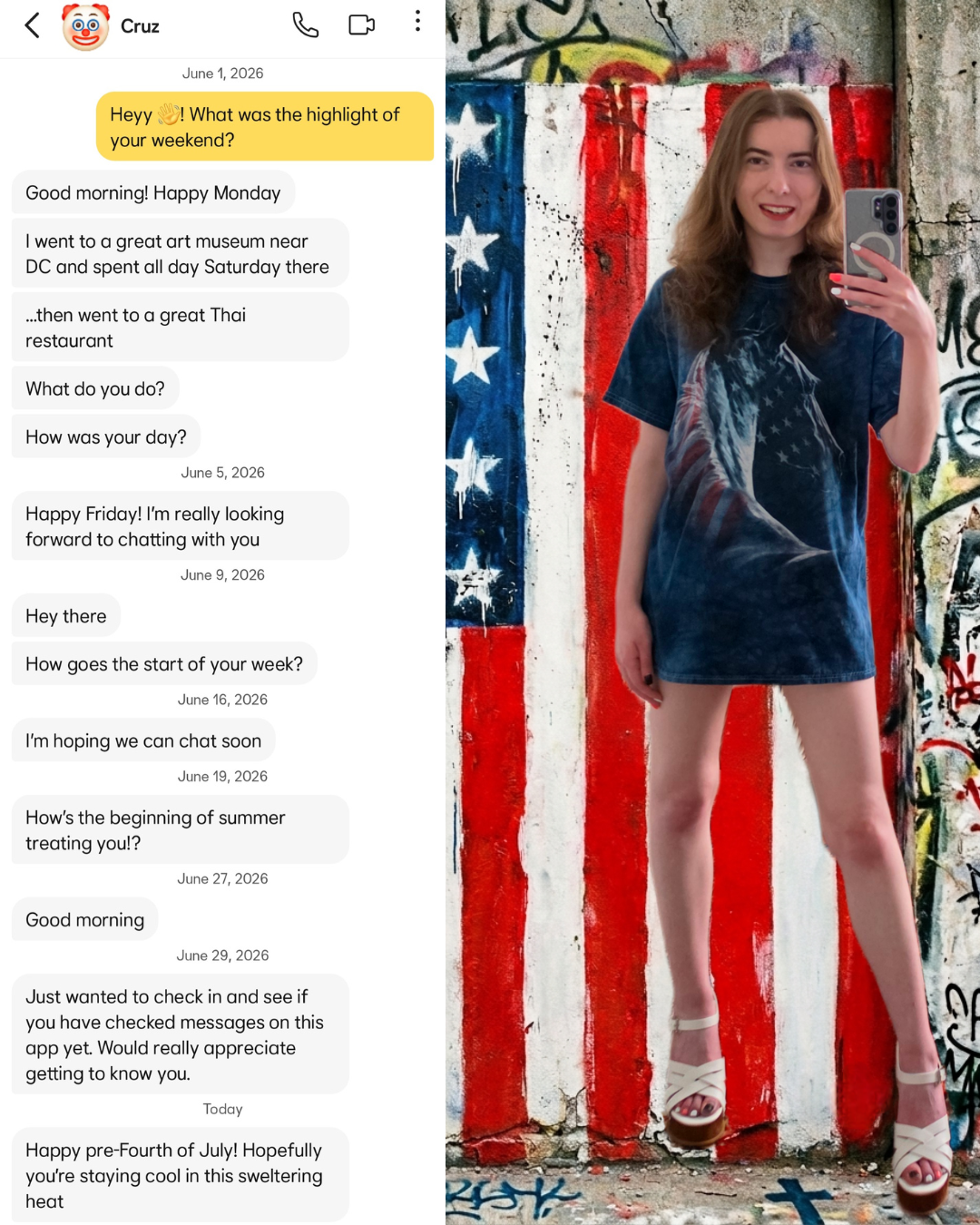 Side-by-side split showing a month of unreplied dating app texts from Cruz on the left, and Madison Fashion posing in front of a painted American flag wall wearing a blue horse tee and white platform heels on the right.