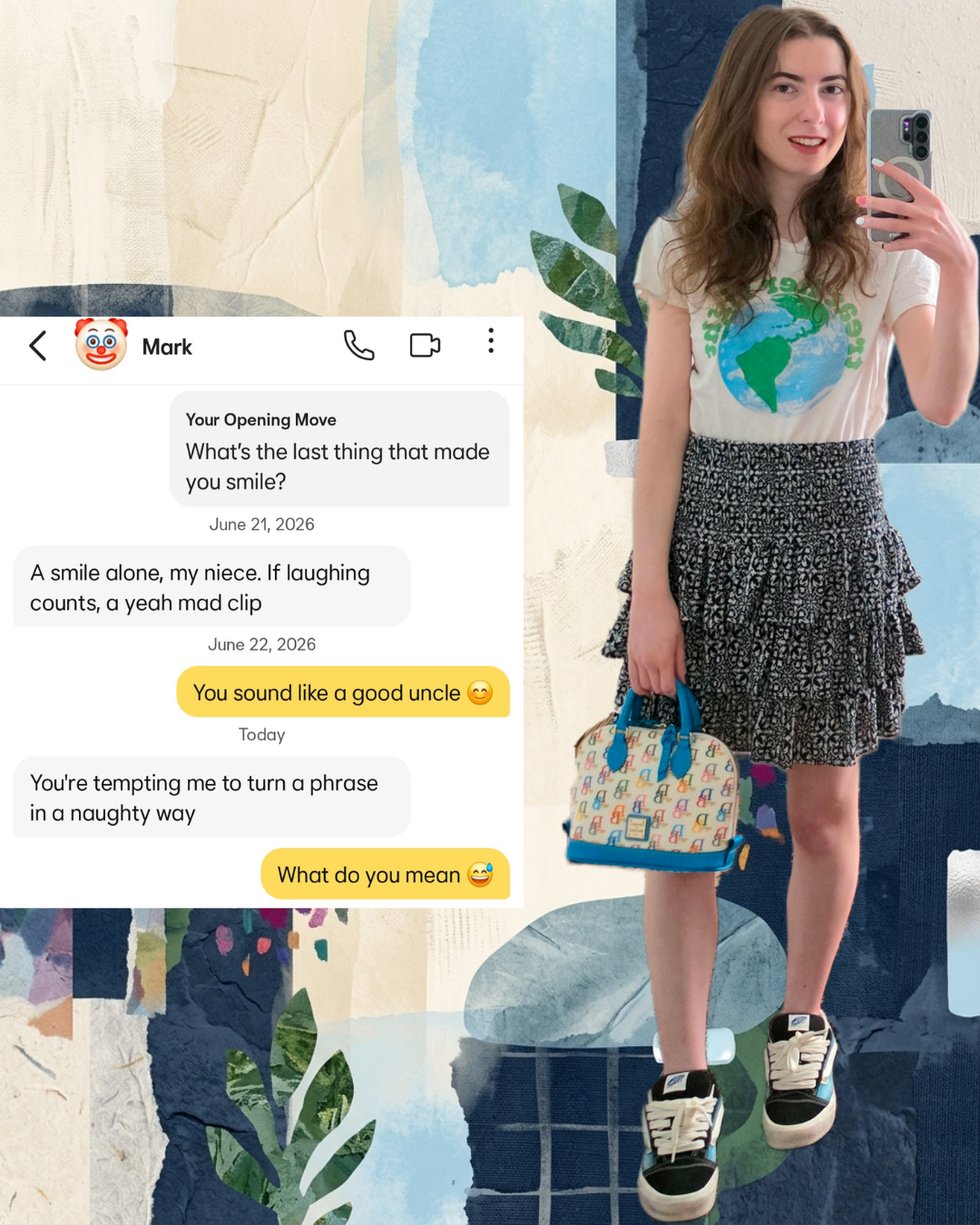Cringe Bumble chat screenshot next to a mirror selfie of a brunette woman in a patterned skirt, graphic tee, and sneakers holding a luxury bag, set against an abstract collage background.