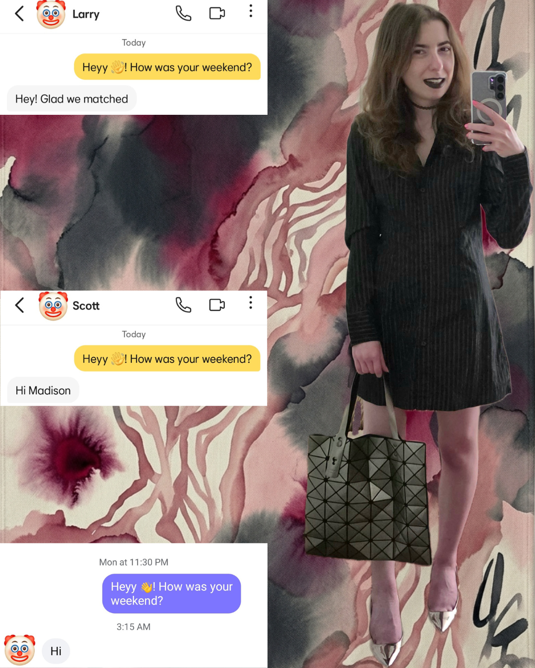 A chic content creator in a black gothic pinstripe dress, dark lipstick, and metallic heels holds a Bao Bao Issey Miyake tote, framed by three low-effort Bumble dating app chat screenshots failing to answer a weekend question.