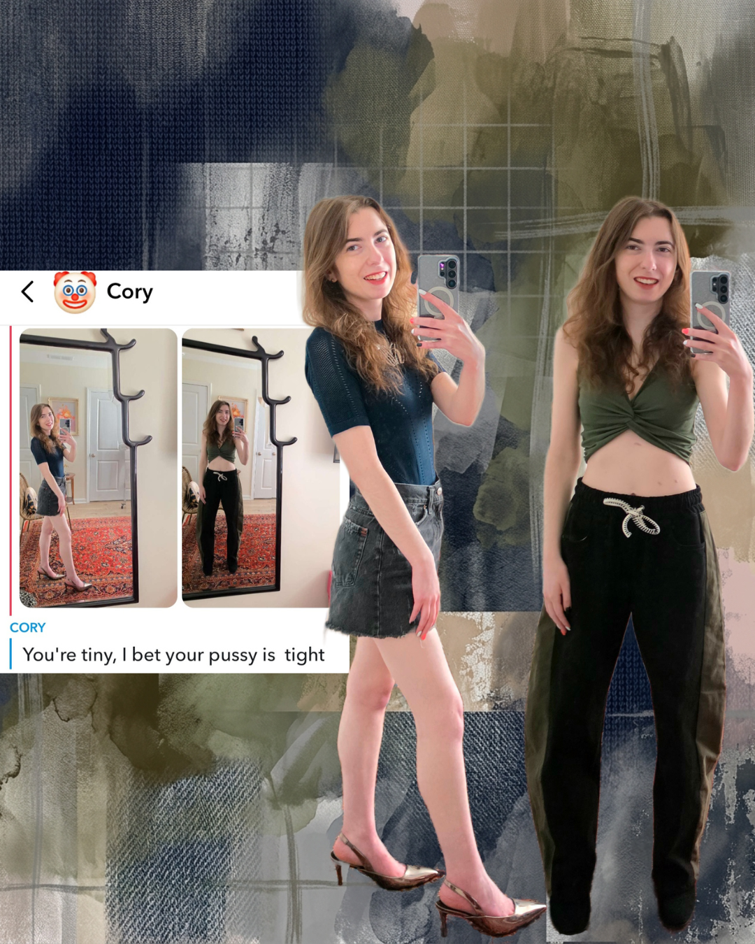 Screenshot of a Snapchat conversation where Cory sends an unprompted comment about an outfit check photo, overlaid on a stylish split-screen outfit collage with a clown emoji mask.