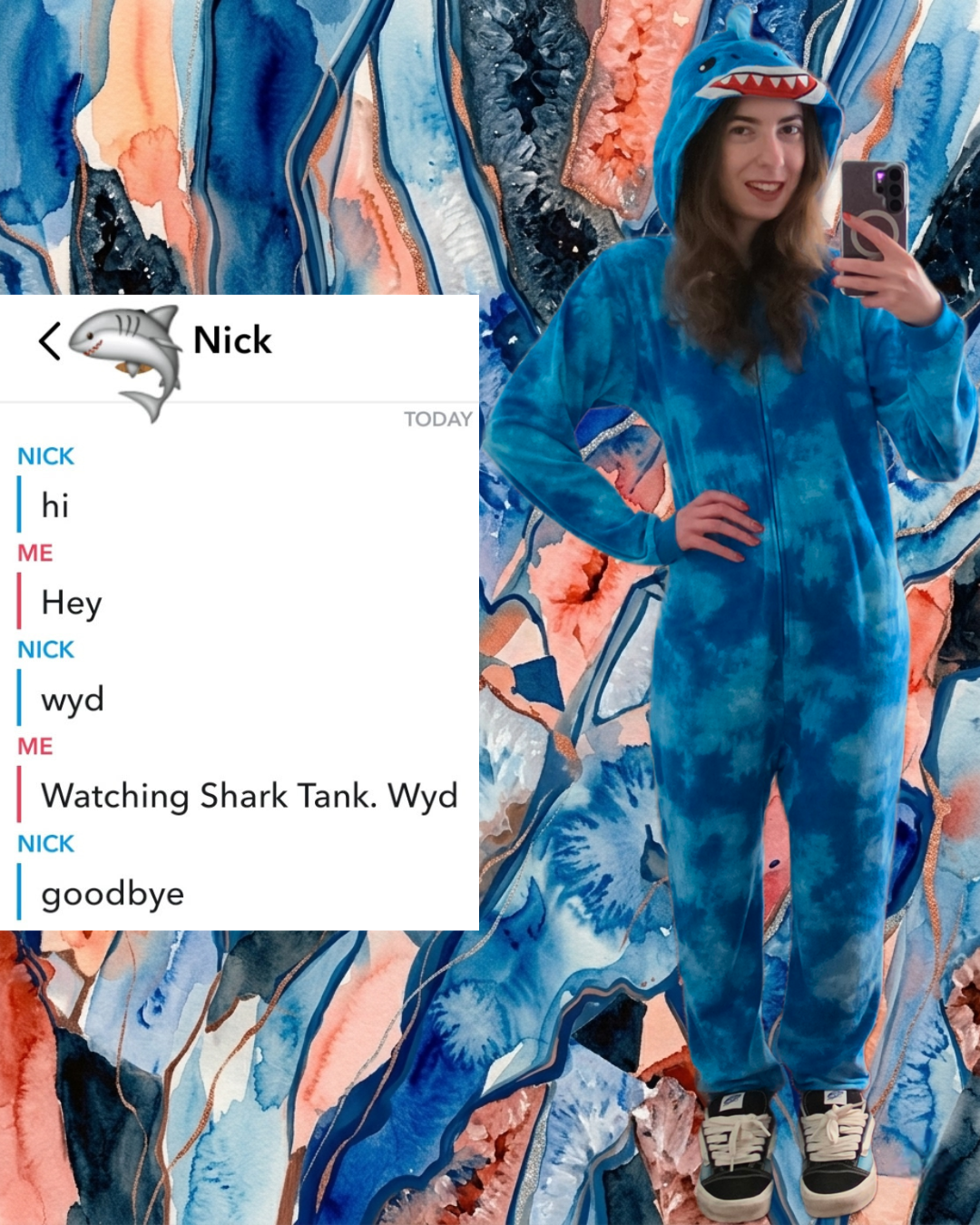 Digital collage of Madison in a blue shark onesie next to a funny Snapchat chat where she mentions watching Shark Tank and the guy replies "goodbye." Set against a high-contrast abstract geode background in blue and coral.