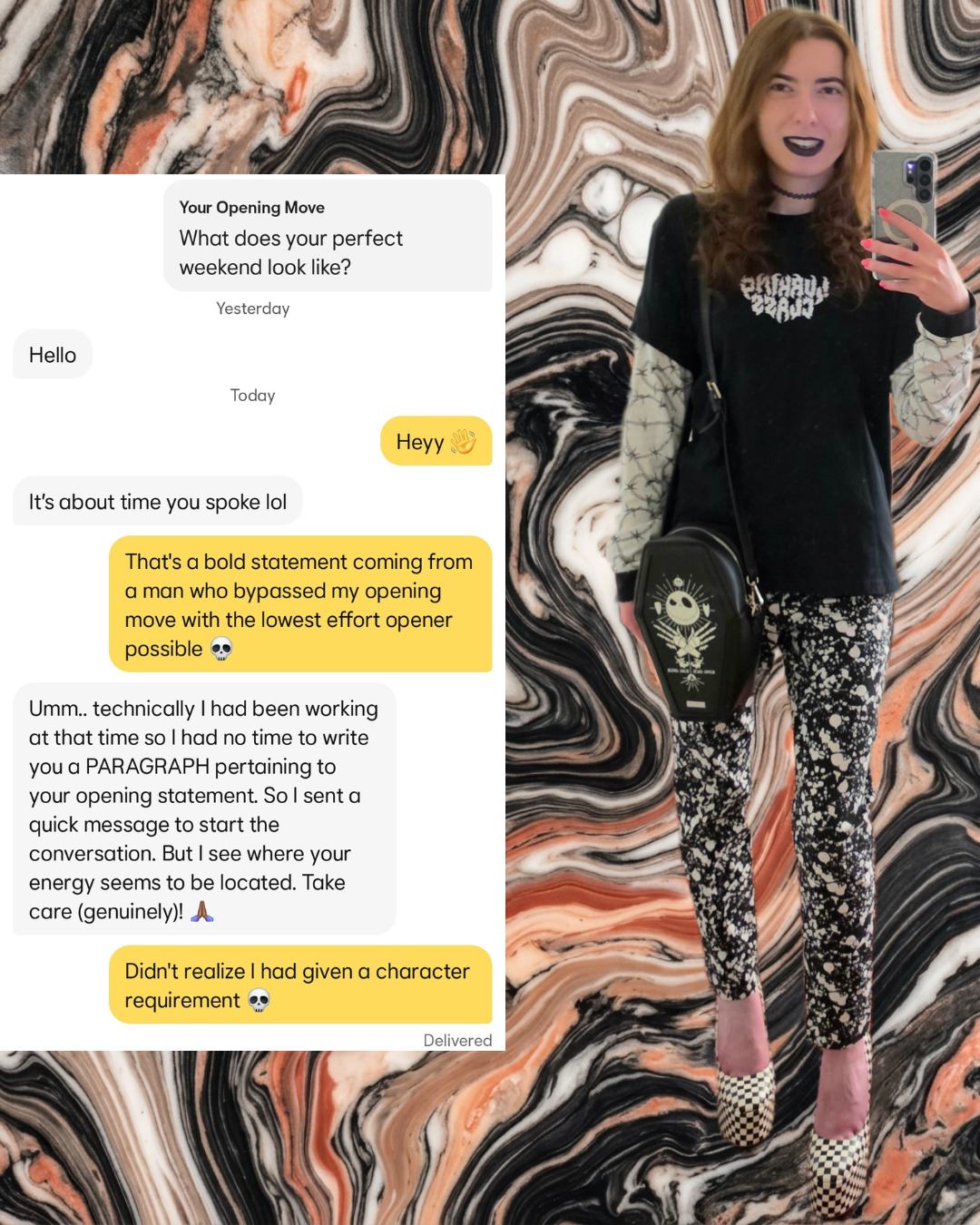 ​A split graphic on a marbled background. Left: A Bumble chat screenshot where a low-effort opener is roasted. Right: A creator in an alt-goth outfit with black lipstick, a graphic tee, patterned pants, and a coffin-shaped purse.