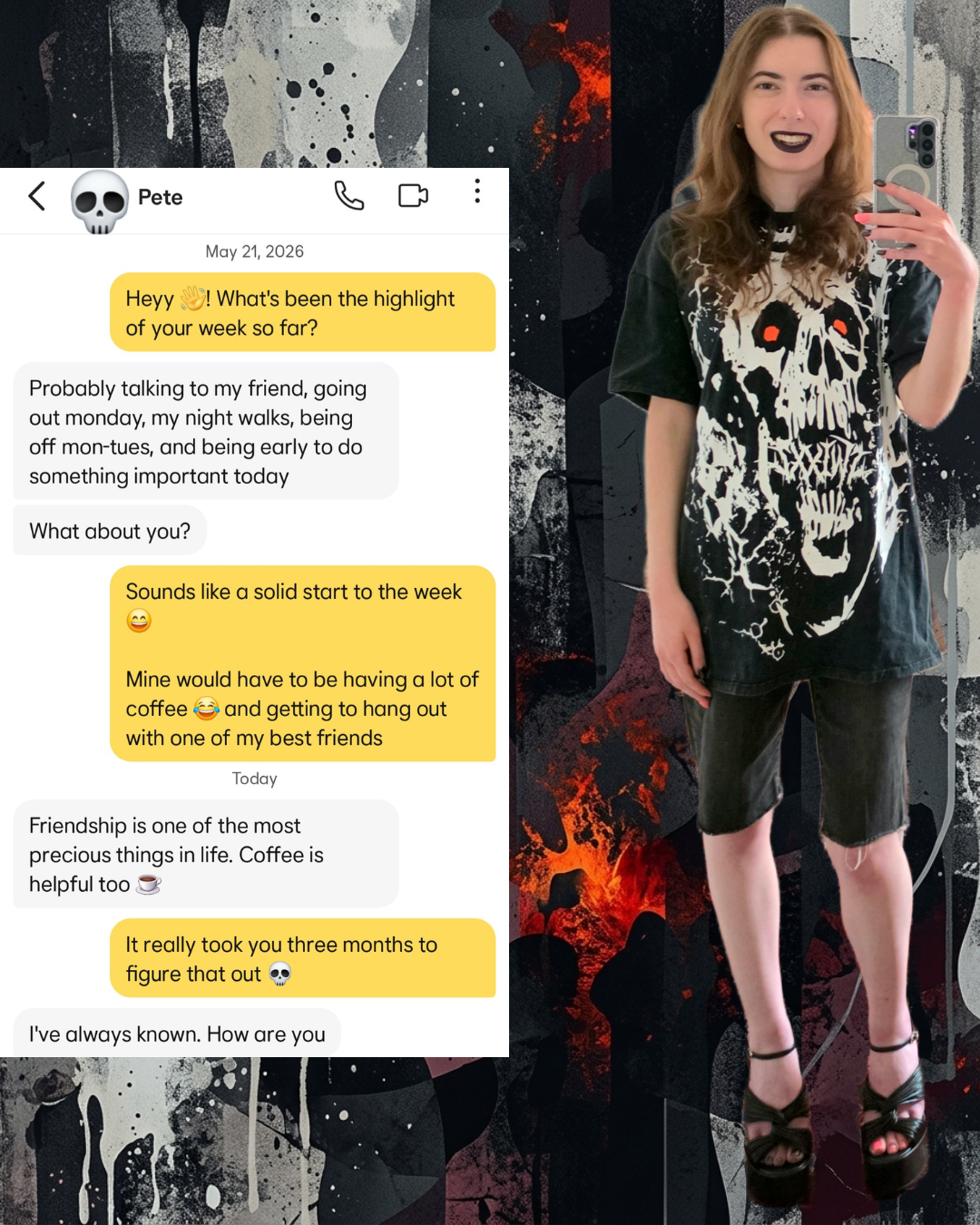 A split image showing a dating app text exchange on the left where a match replies after 3 months, and a full-length outfit photo on the right of a brunette woman with dark lipstick, an oversized graphic skull tee, black shorts, and platform heels.