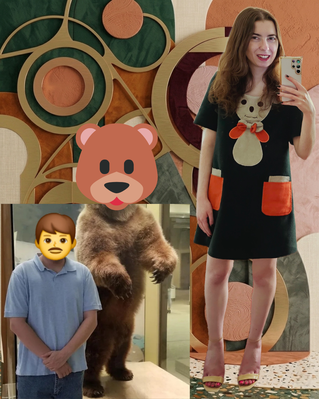 Side-by-side: Right, woman in a Tsumori Chisato green bear-design dress takes mirror selfie with abstract background. Left, dating app screenshot of man in blue polo by taxidermy bear. Faces covered with mustache and cartoon bear emojis.