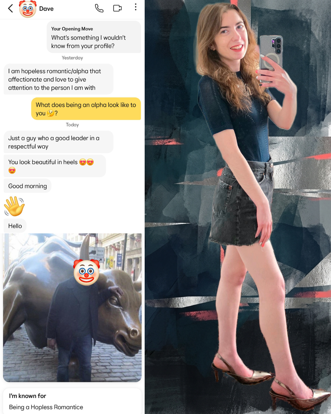 Split graphic featuring dating app screenshots of a guy claiming to be an "alpha/hopless romantice" next to a brunette woman posing confidently in a dark top, black denim shorts, and metallic heels.