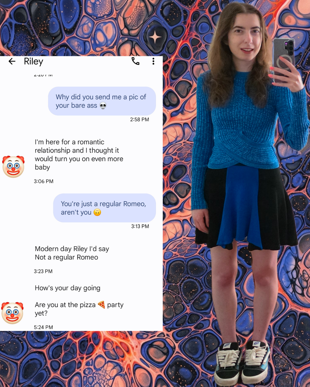 ​A side-by-side collage of a woman in a blue knit top and black skirt against a psychedelic background next to a text chat showing a humorous online dating interaction about a boundary crossing and a pizza party message.