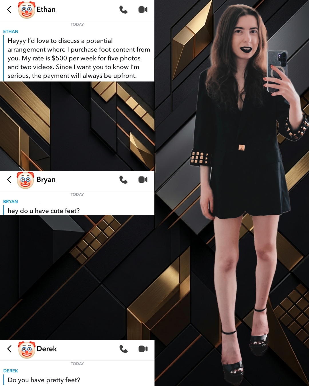 Screenshot of Snapchat DMs from men asking for foot content next to a digital content creator in a studded black gothic blazer dress with a geometric black and gold background.