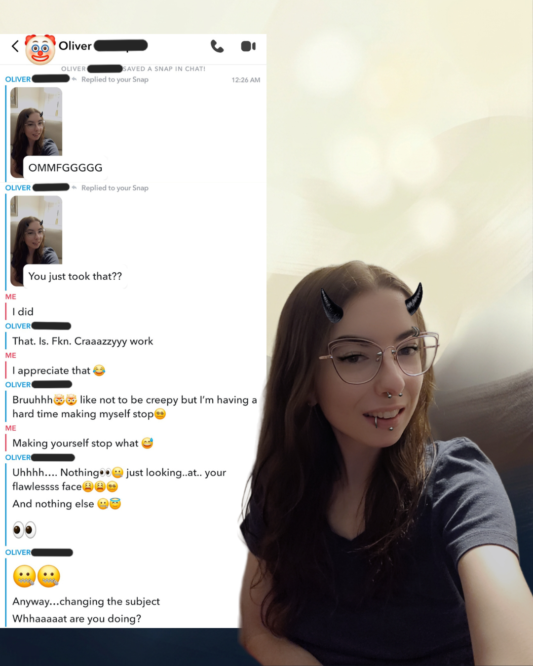Screenshot of a Snapchat chat where "Oliver" sends creepy, suggestive messages in response to a selfie of a woman with glasses and a horn filter. He makes uncomfortable comments about "making himself stop" before pivoting to ask what she's doing.