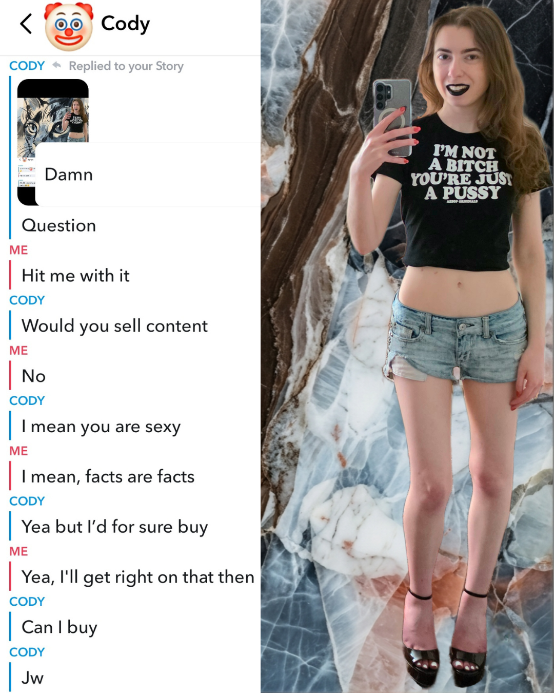 Split screen graphic: Snapchat chat log with Cody (clown emoji face) asking about content on the left, paired with a full-length mirror selfie of a woman in a black graphic tee, denim shorts, and black heels on the right.