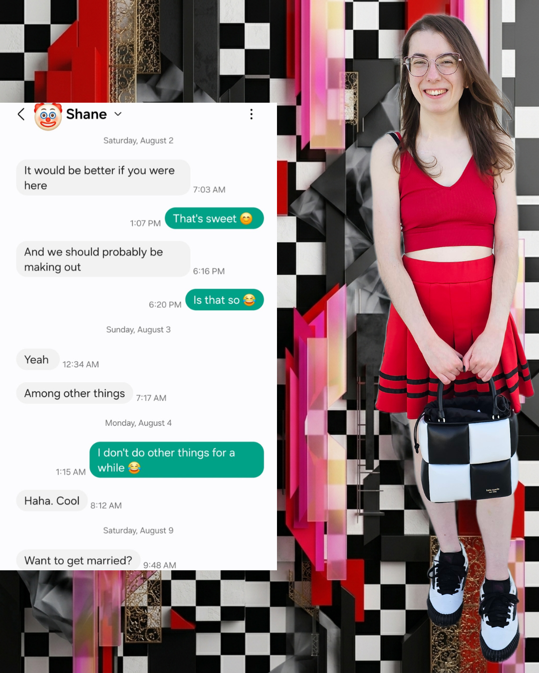 Digital collage for Professionally Messy featuring a dating app to digits text message roast of Shane. A woman in a red skirt set stands against a 3D abstract checkerboard background with pink, red, and gold geometric accents.