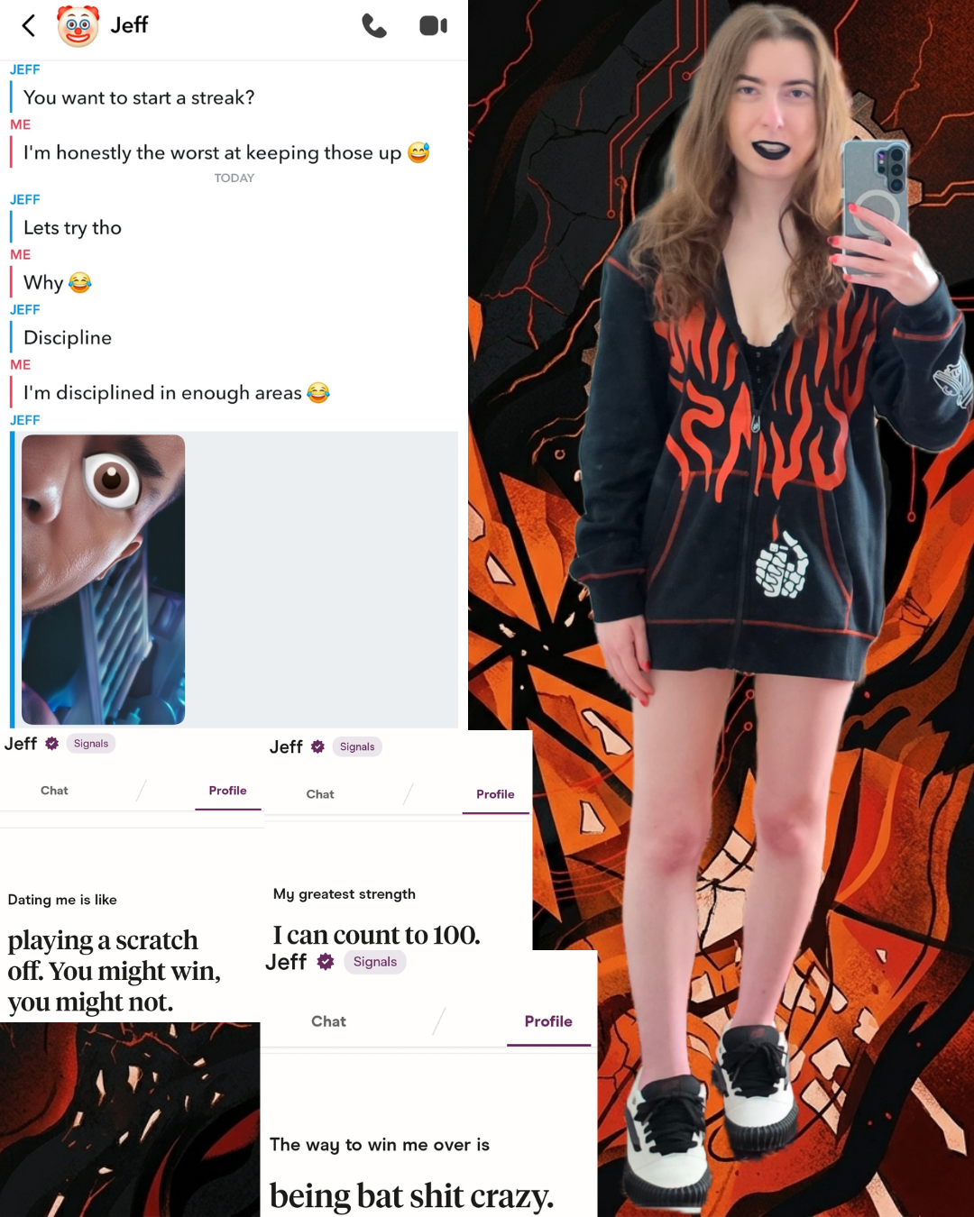 Split screen image with content creator Madison Fashion in black lipstick and a Lurking Class black and orange flame hoodie on the right, next to a series of chaotic dating app profile screenshots and a funny Snapchat conversation on the left.