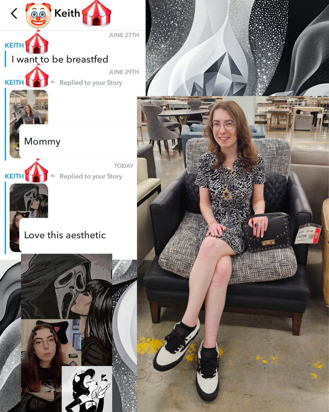 ​A screenshot of a mobile messaging interface documenting a conversation about digital dating culture. Emojis and stickers are used to obscure names and specific text for privacy. The image features story replies and goth-inspired aesthetics.