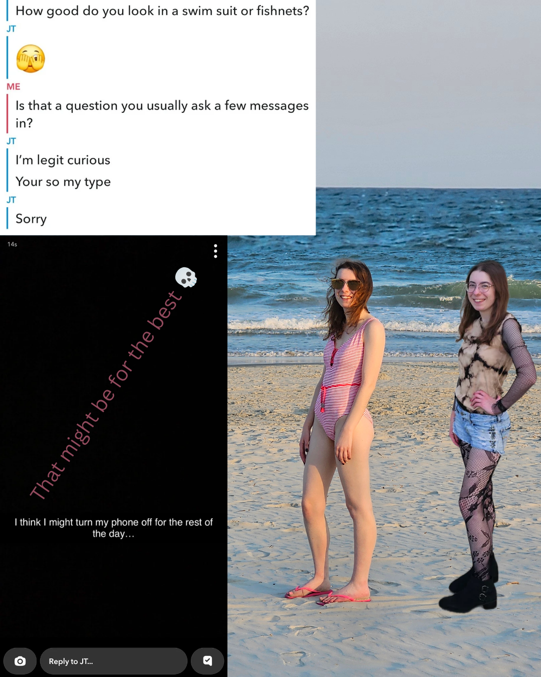 Digital collage: A chat about outfit choices with a pink "That might be for the best" overlay. On the right, a brunette posing on a beach in two distinct looks: a red striped swimsuit and a gothic tie-dye top with denim shorts and fishnets.