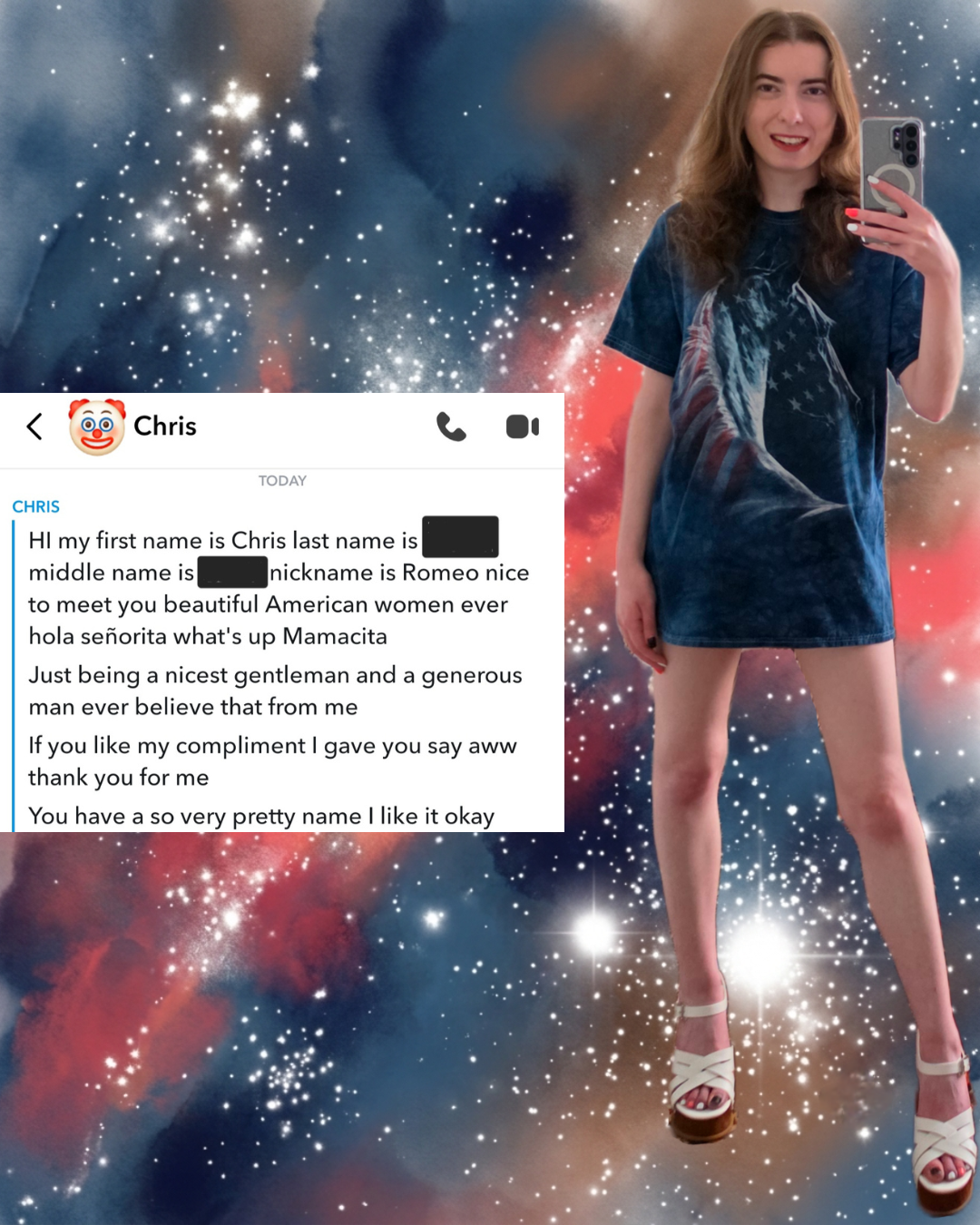 A woman with wavy hair in a tie-dye American flag shirt and platform heels stands against a galaxy background next to a Snapchat message from Chris, a self-proclaimed Romeo offering awkward compliments.