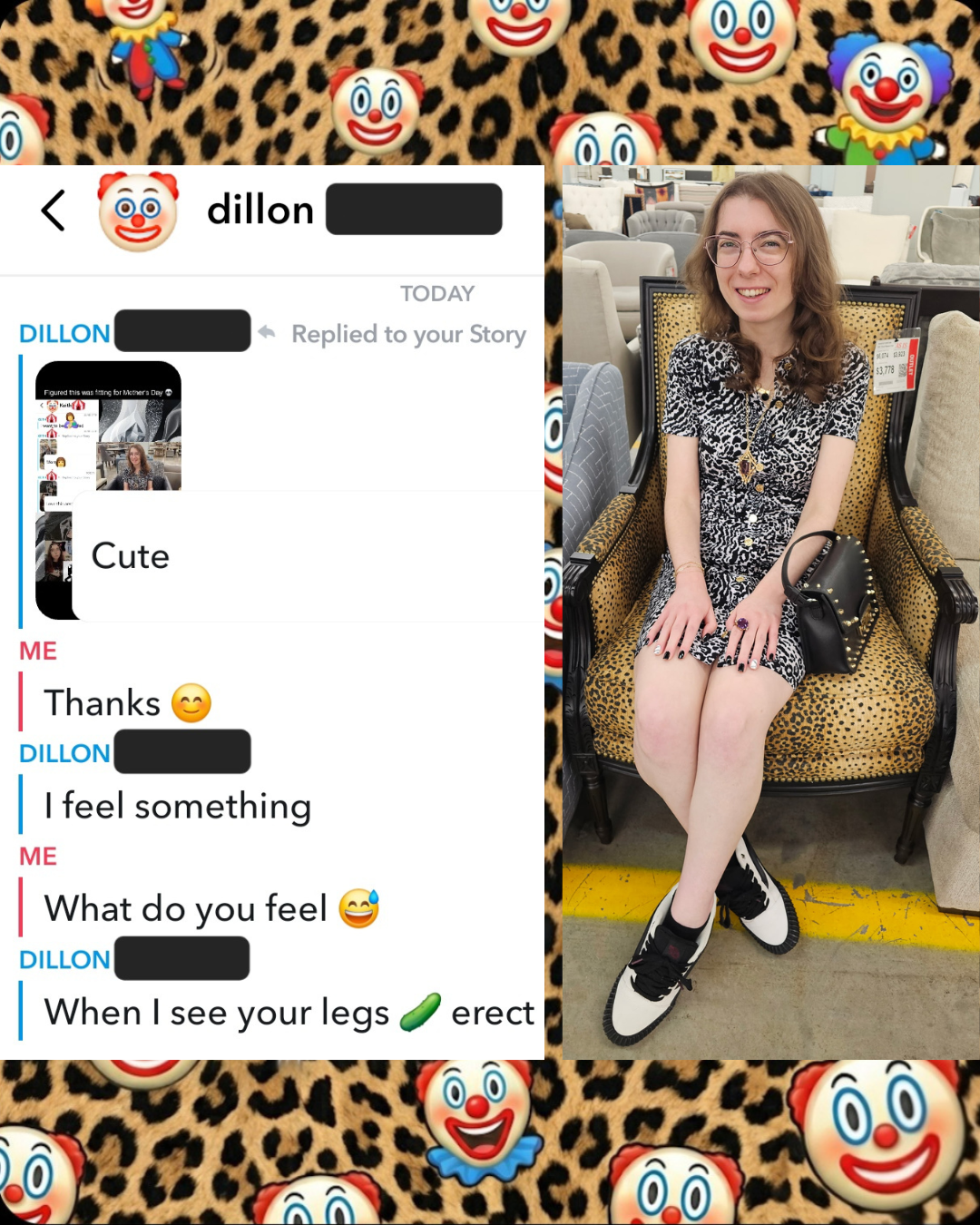 Digital collage with leopard print and clown emojis. Left: Snapchat DM from Dillon. Right: Madison Fashion in a Michael Kors leopard dress and Vans sneakers sitting in a leopard chair for a Professionally Messy blog post.