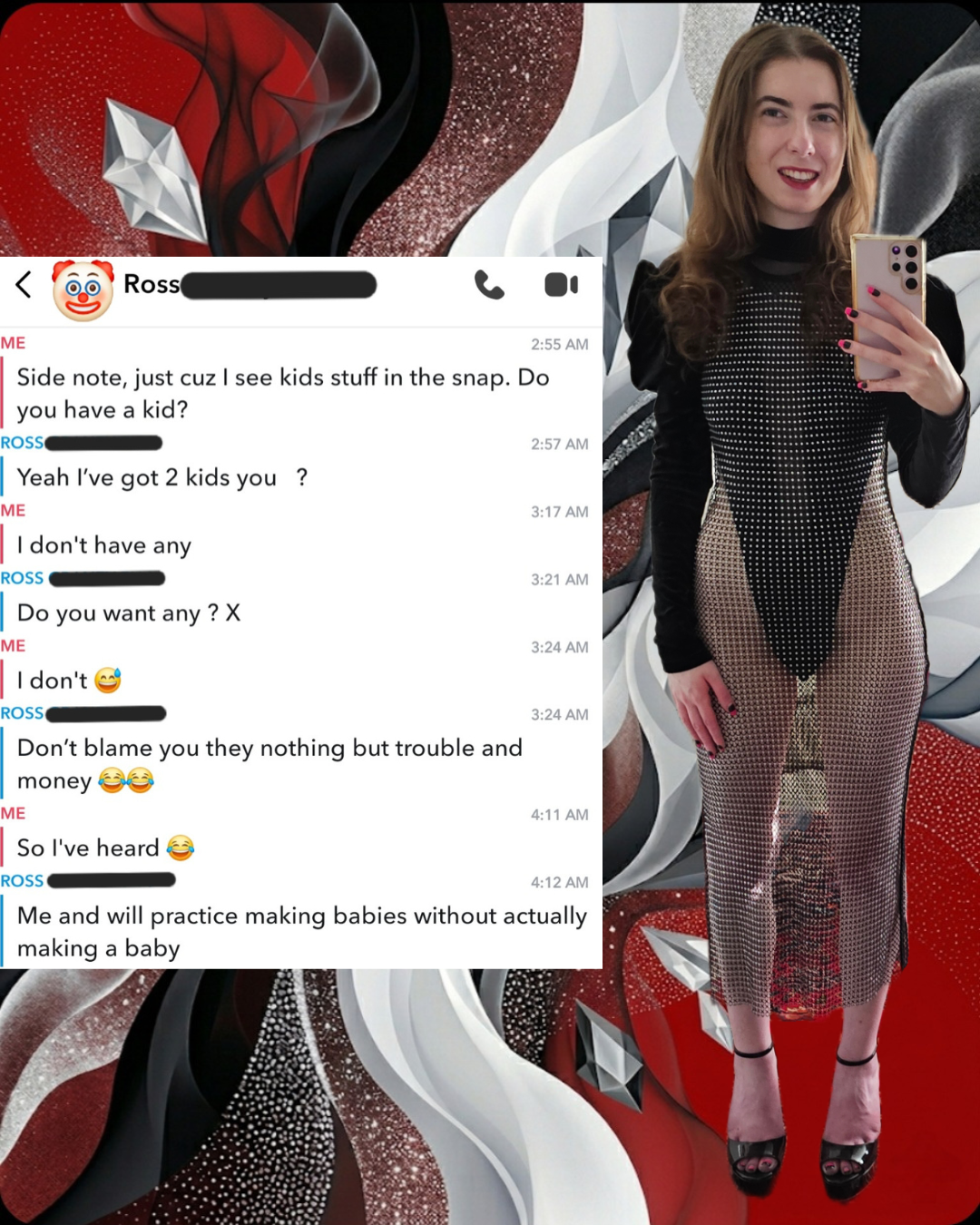 Editorial collage for Professionally Messy. Right: mirror selfie in a rhinestone mesh dress. Left: Snapchat chat with "Ross" making a cringey "making babies" comment. Background: abstract red and black fluid waves with silver glitter.