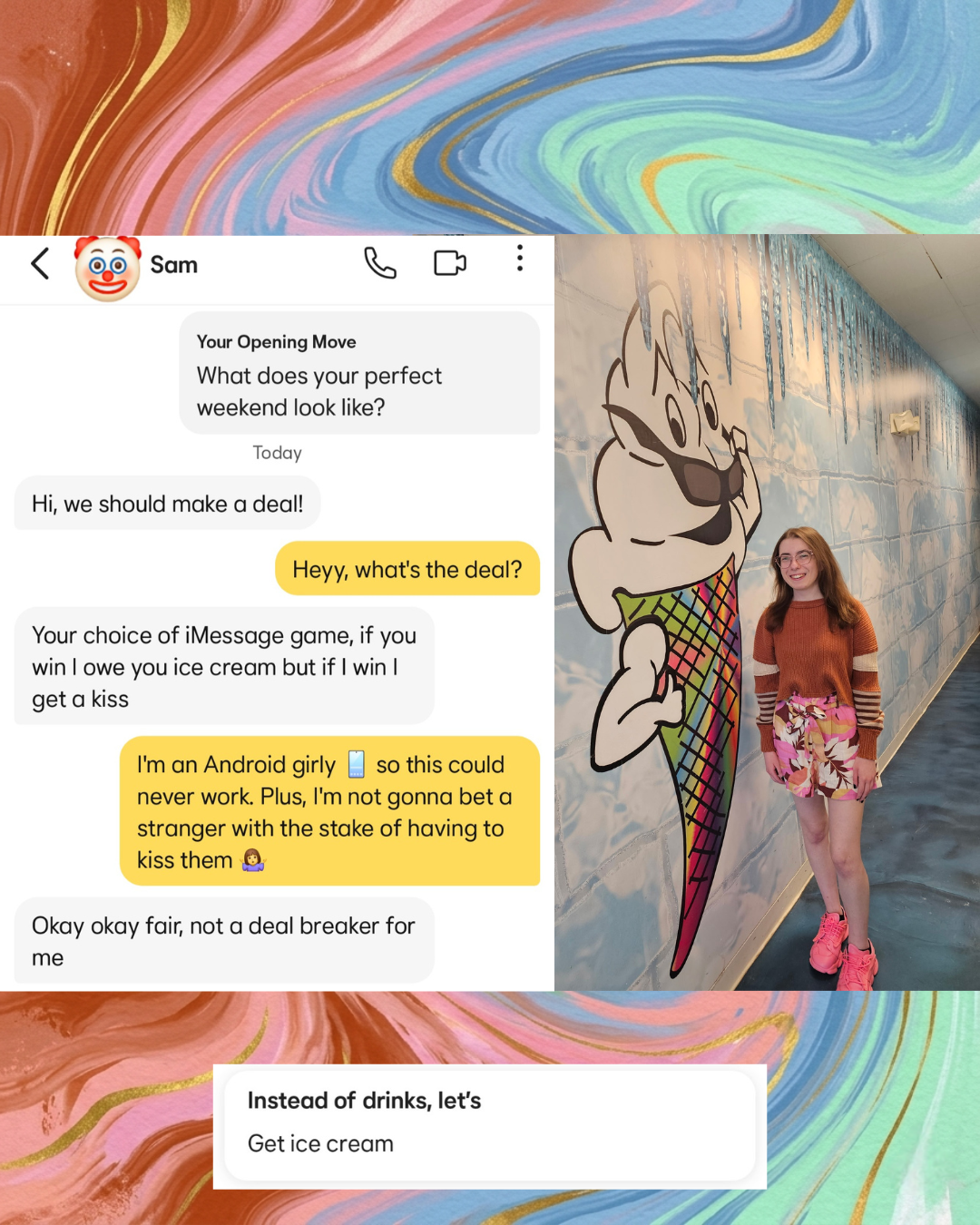 Split screenshot of a Bumble dating app chat with a guy named Sam under a clown emoji, and a woman with brown hair in a brown sweater and pink shorts posing next to a cartoon ice cream cone mural.