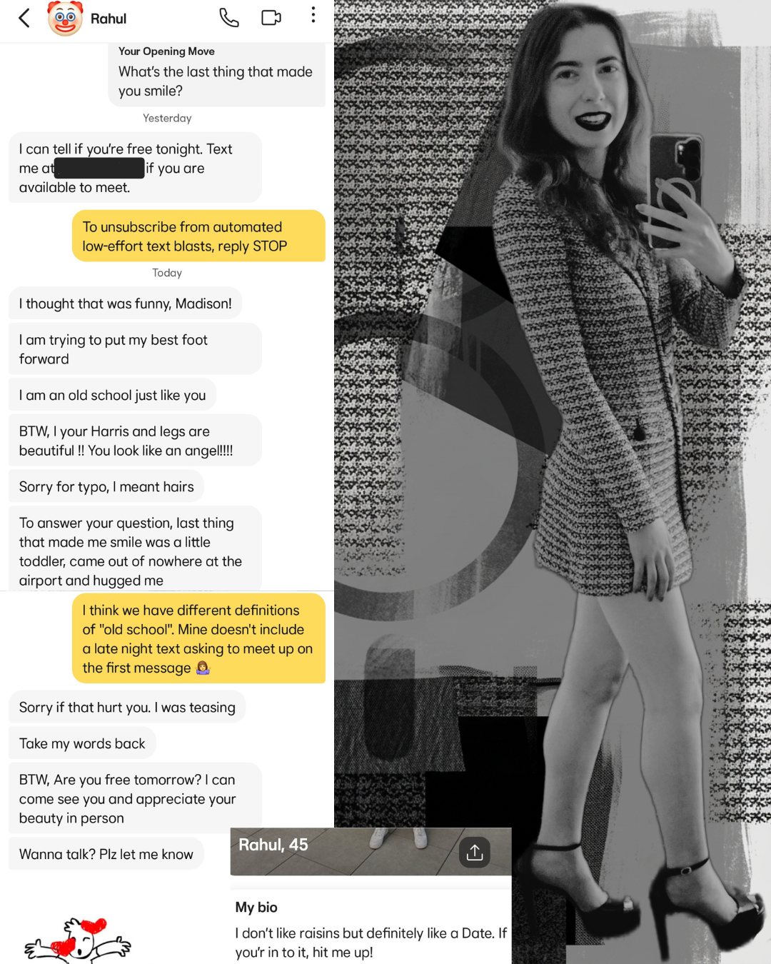 Split image of dating app text messages with Rahul next to a black-and-white outfit photo of a brunette woman in a tweed blazer dress and platform heels, highlighting a funny chat about an old school date.