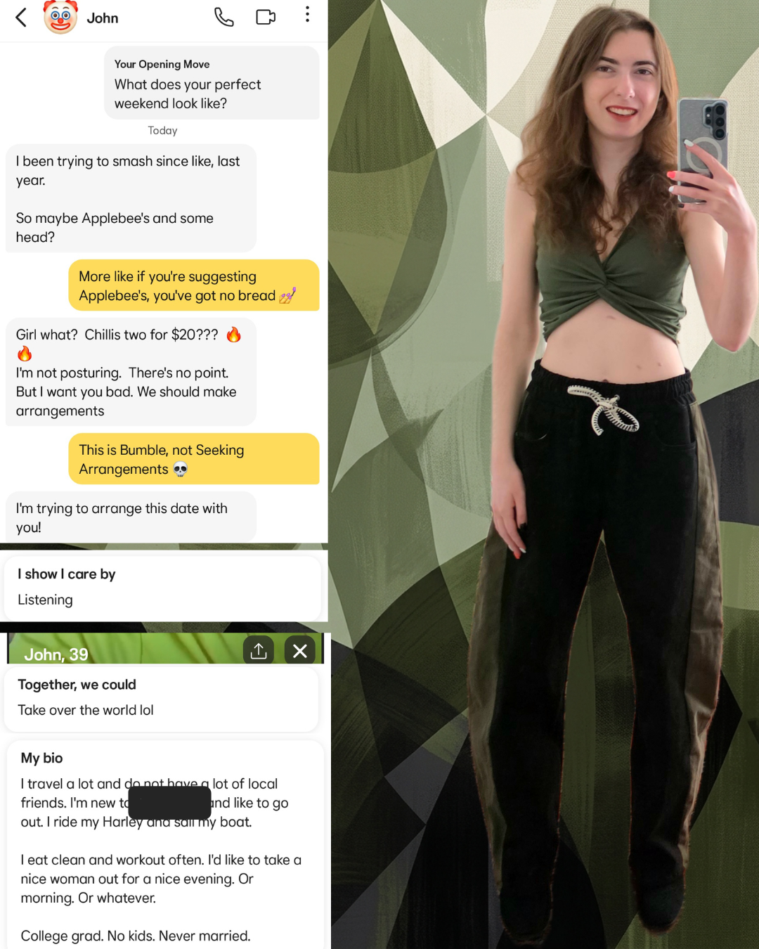 Side-by-side split screen on a patterned green background: left shows a Bumble chat where a user roasts a guy's low-effort dates; right shows Madison Fashion posing in a green crop top and black pants.