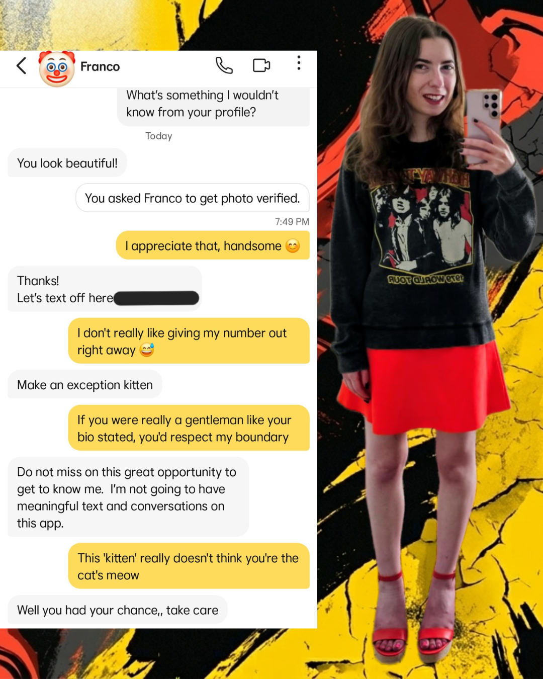 Dating app roast: Madison Fashion in an AC/DC 'Highway to Hell' sweatshirt and red skirt next to a Bumble chat where a guy calls her 'kitten' for setting a boundary. A clown emoji covers his face, emphasizing the comedy of his entitlement.