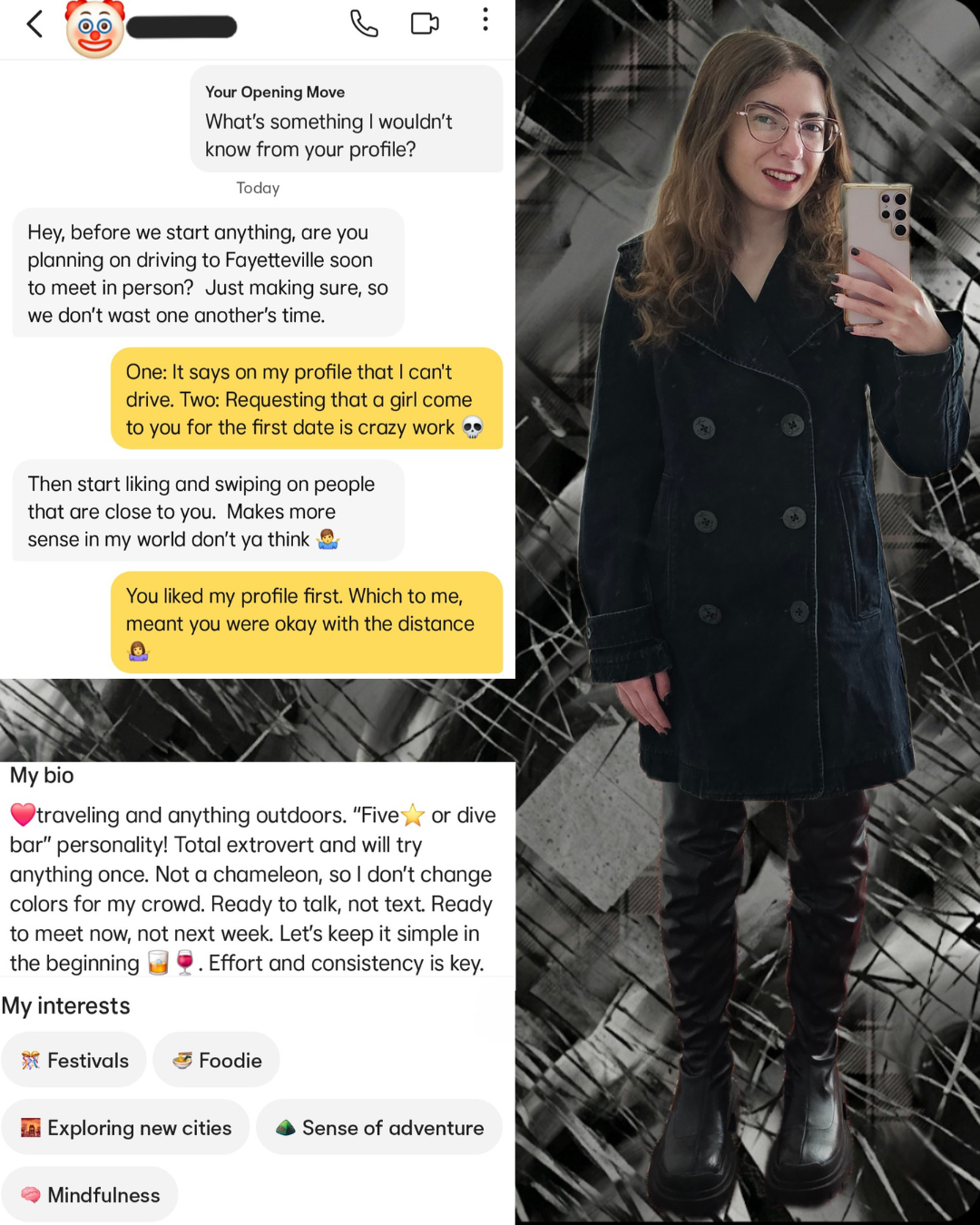Professionally Messy blog: A Bumble roast collage. Left: A man's bio claiming he loves "adventure" next to a chat asking the user to drive to him. Right: Mirror selfie in a Ralph Lauren denim trench coat & black thigh-high Stuart Weitzman boots.