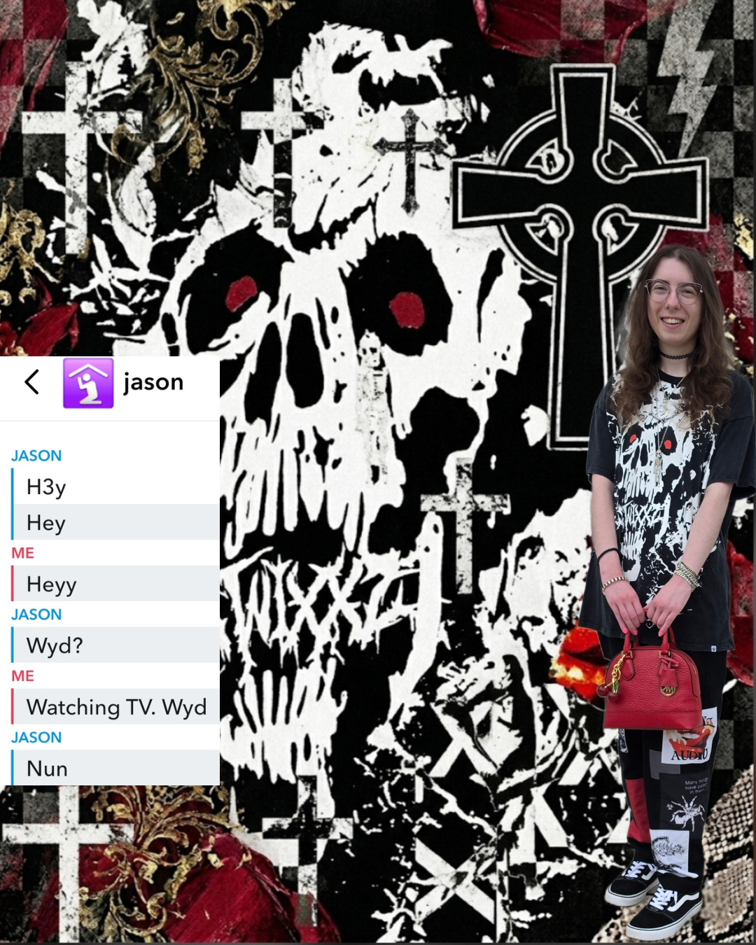 "Professionally Messy" creator holds a red Michael Kors handbag next to a dry Snapchat DM from "Jason," both overlaid on an abstract 'corporate-goth' background with skulls and crosses.