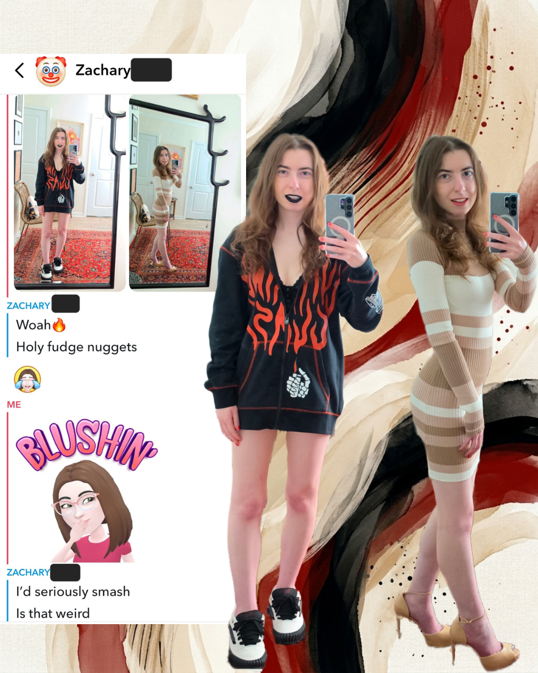 Split-screen Snapchat chat over a red, black, and gold abstract background. On the left, text shows a guy saying "Holy fudge nuggets" and "I’d seriously smash." On the right, two fashion cutouts feature a brunette woman posing in a mirror.
