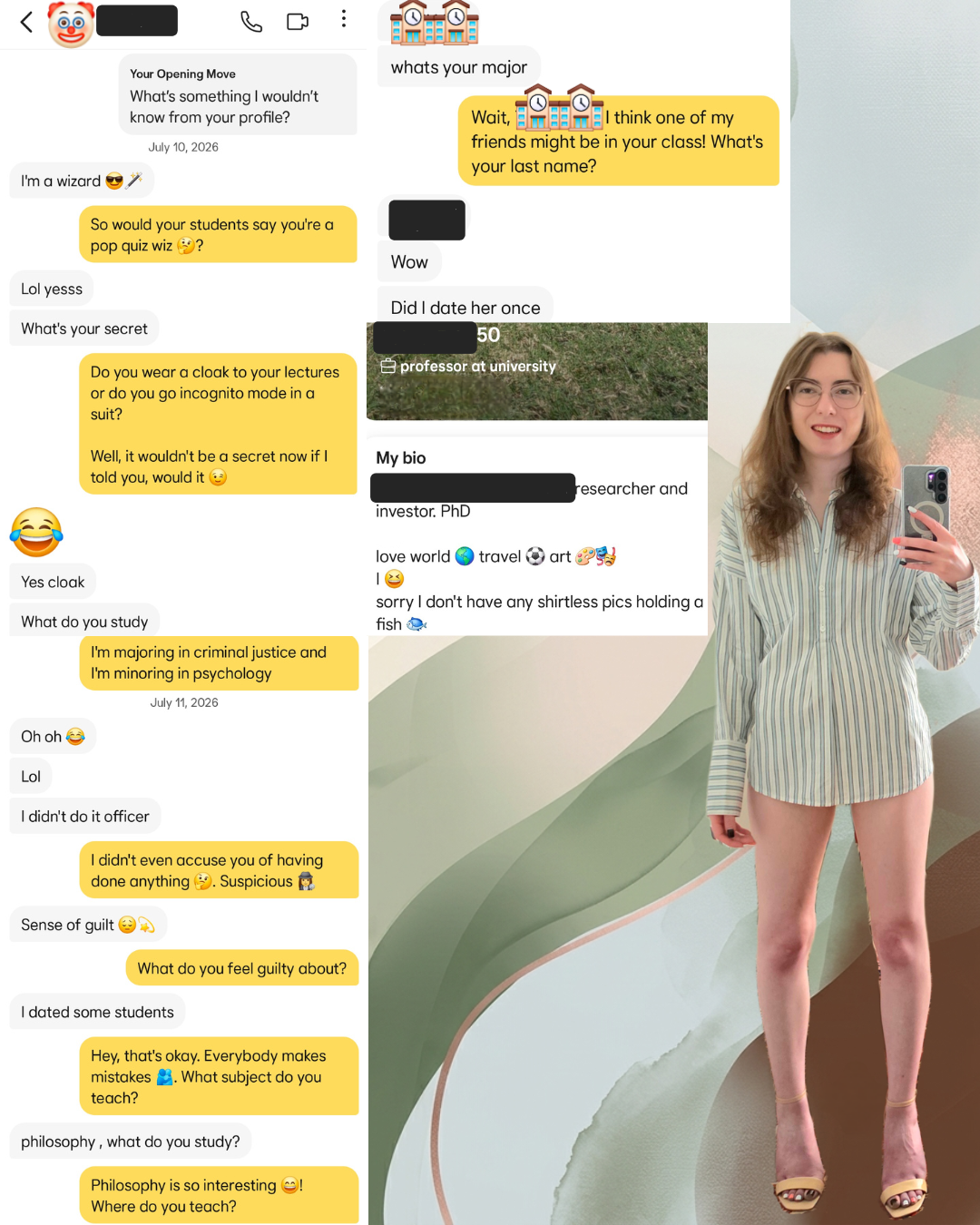 Dating app chat screenshots overlaying a woman in a striped button-down shirt. The messages show a philosophy professor confessing to a criminal justice major that he dated students.