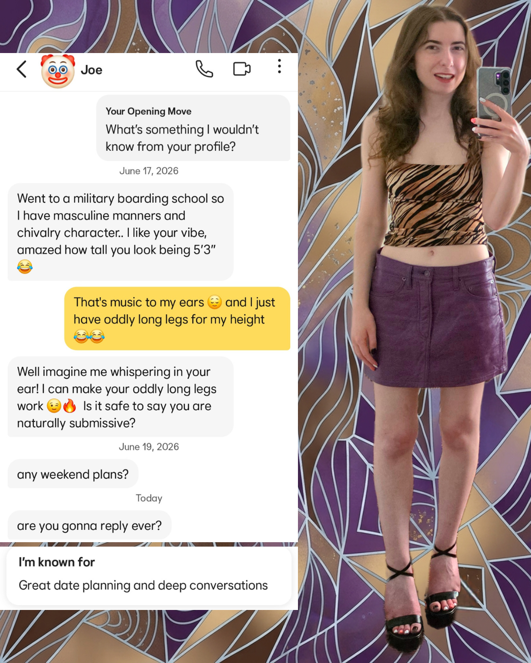 Split graphic featuring a dating app chat where a match escalates to inappropriate messages, alongside a fashion lookbook outfit with a tiger print top and purple mini skirt.