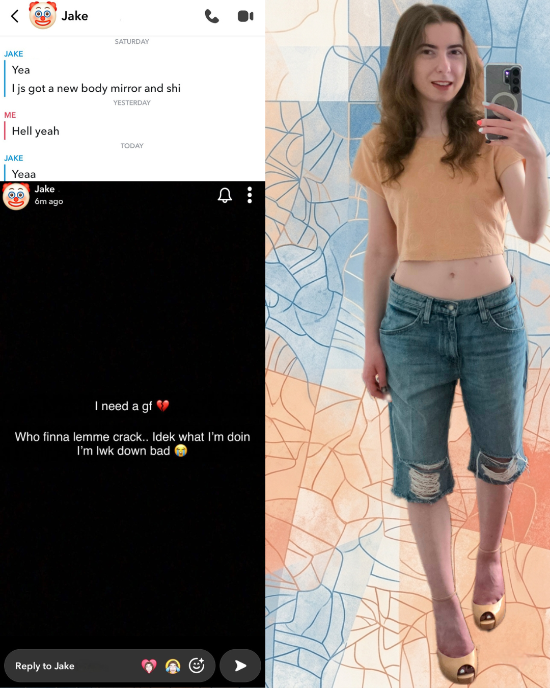 Split-screen graphic with a mosaic background featuring a mirror selfie in an orange crop top and denim shorts next to two screenshots of a Snapchat chat and story where a user named Jake says he got a body mirror and needs a girlfriend.