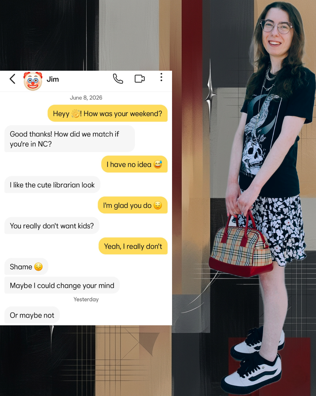 Split image of a Bumble dating app chat with "Jim" who fumbles a conversation about kids, alongside a woman styling a black skull graphic tee, a floral mini skirt, black and white Vans sneakers, and a classic plaid Burberry handbag.