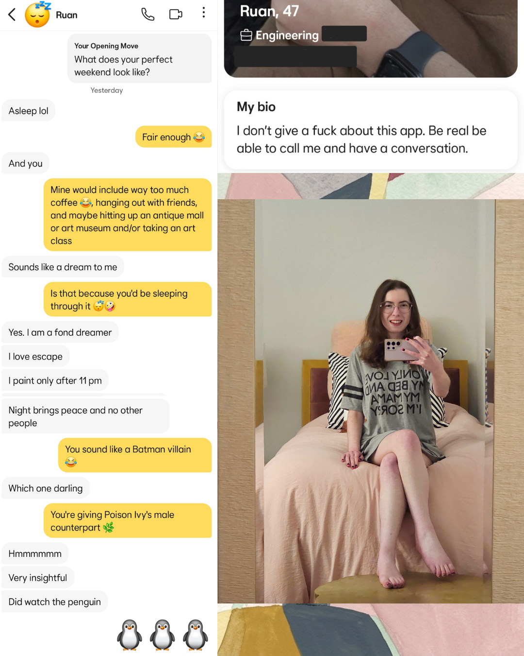 Split image showing a Bumble chat with Ruan on the left and a mirror selfie on the right wearing a gray shirt reading "I only love my bed and my mama I'm sorry."