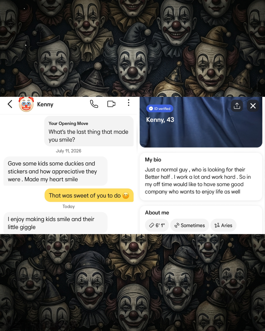 Screenshots of a creepy dating app exchange with a 43-year-old named Kenny, set against a dark repeating background of vintage circus clowns. The text highlights his unsettling messages about giving kids "duckies" and stickers.