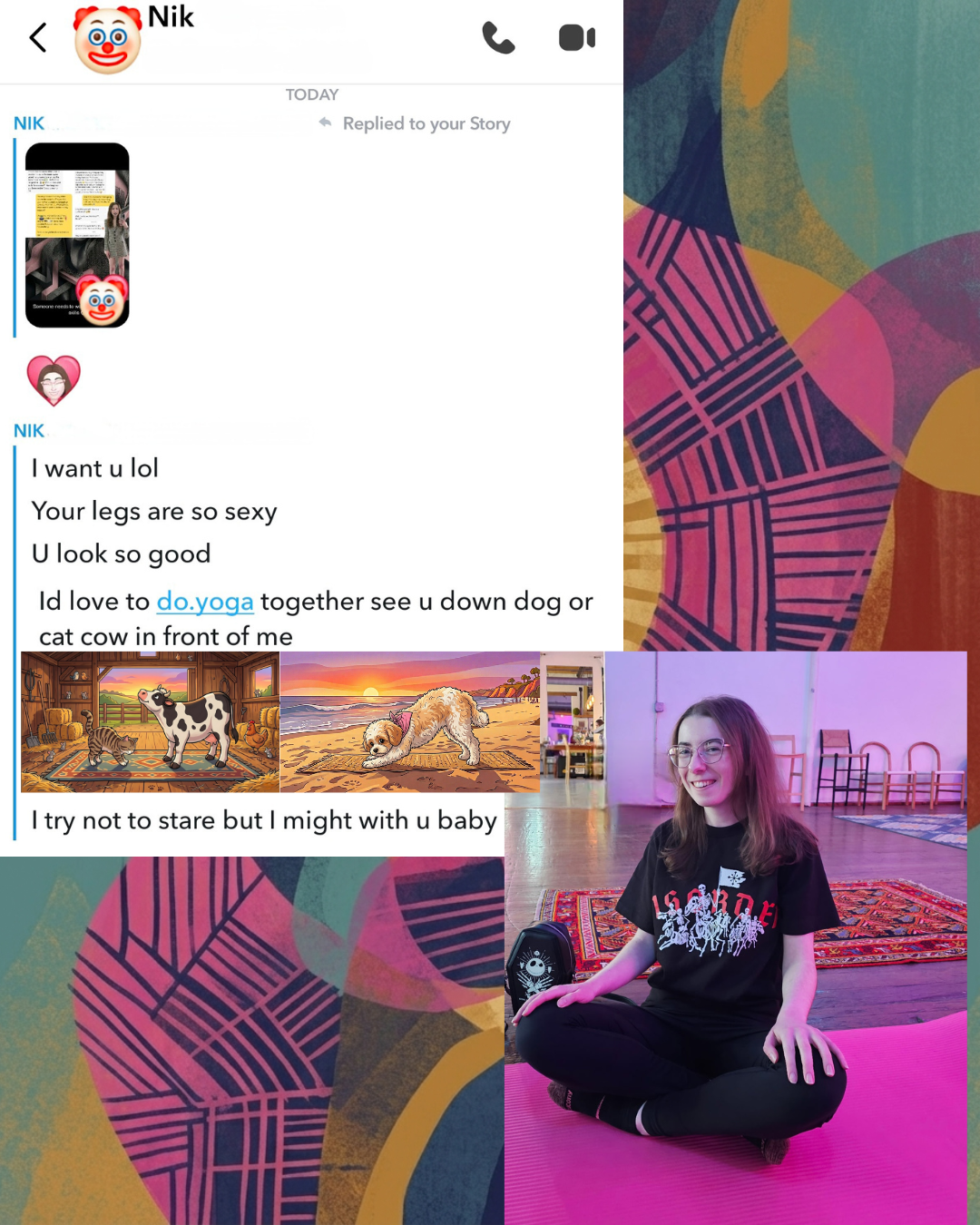 Split image: Left side shows a text conversation with ridiculous flirtatious yoga puns and cartoon illustrations of a dog stretching and a cow in a barn. Right side shows content creator Madison smiling while sitting cross-legged on a pink yoga mat.