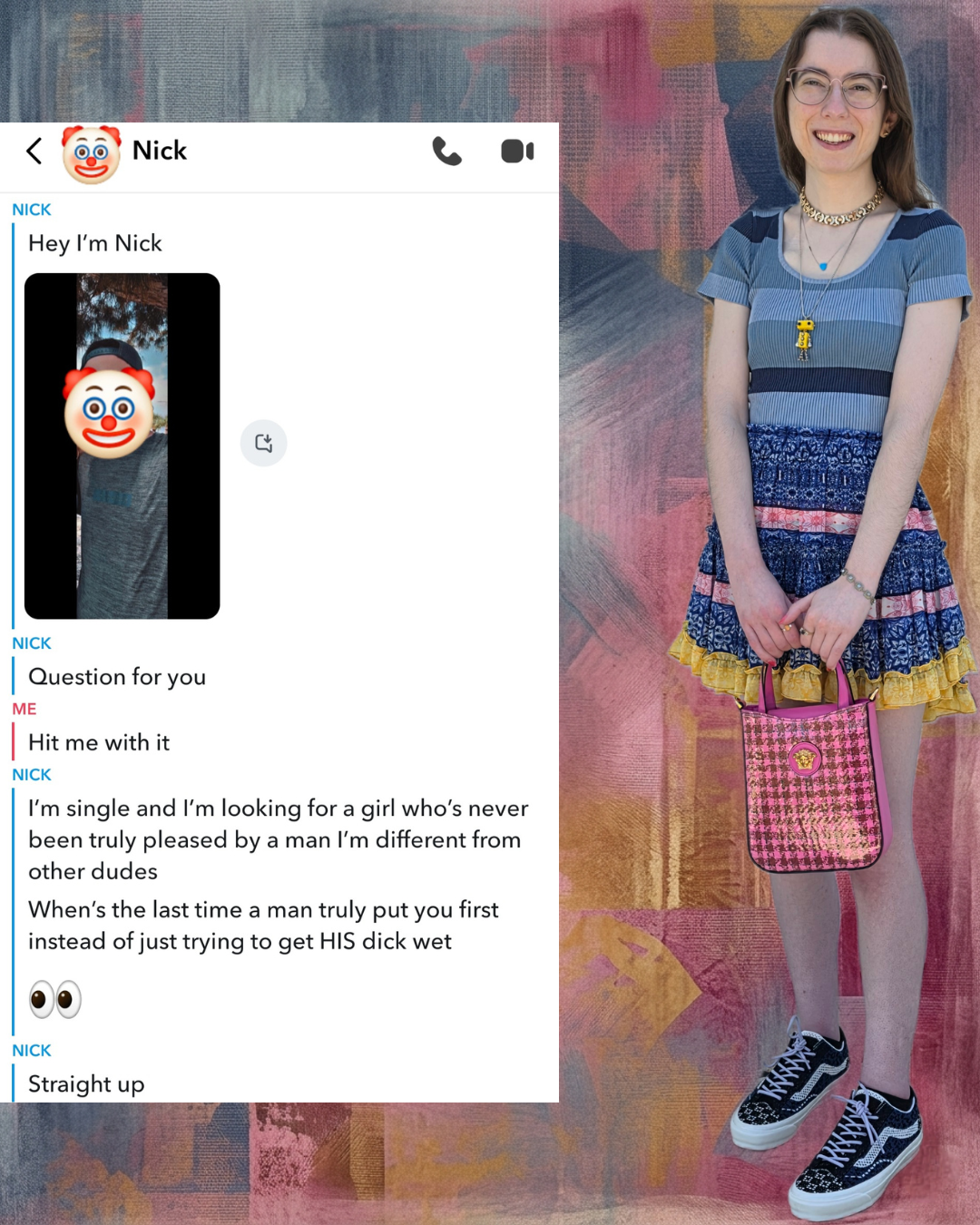 Graphic collage featuring a Snapchat dating chat on the left and a smiling woman in a blue top and patterned skirt holding a pink Versace handbag on the right, set against an abstract painted background.
