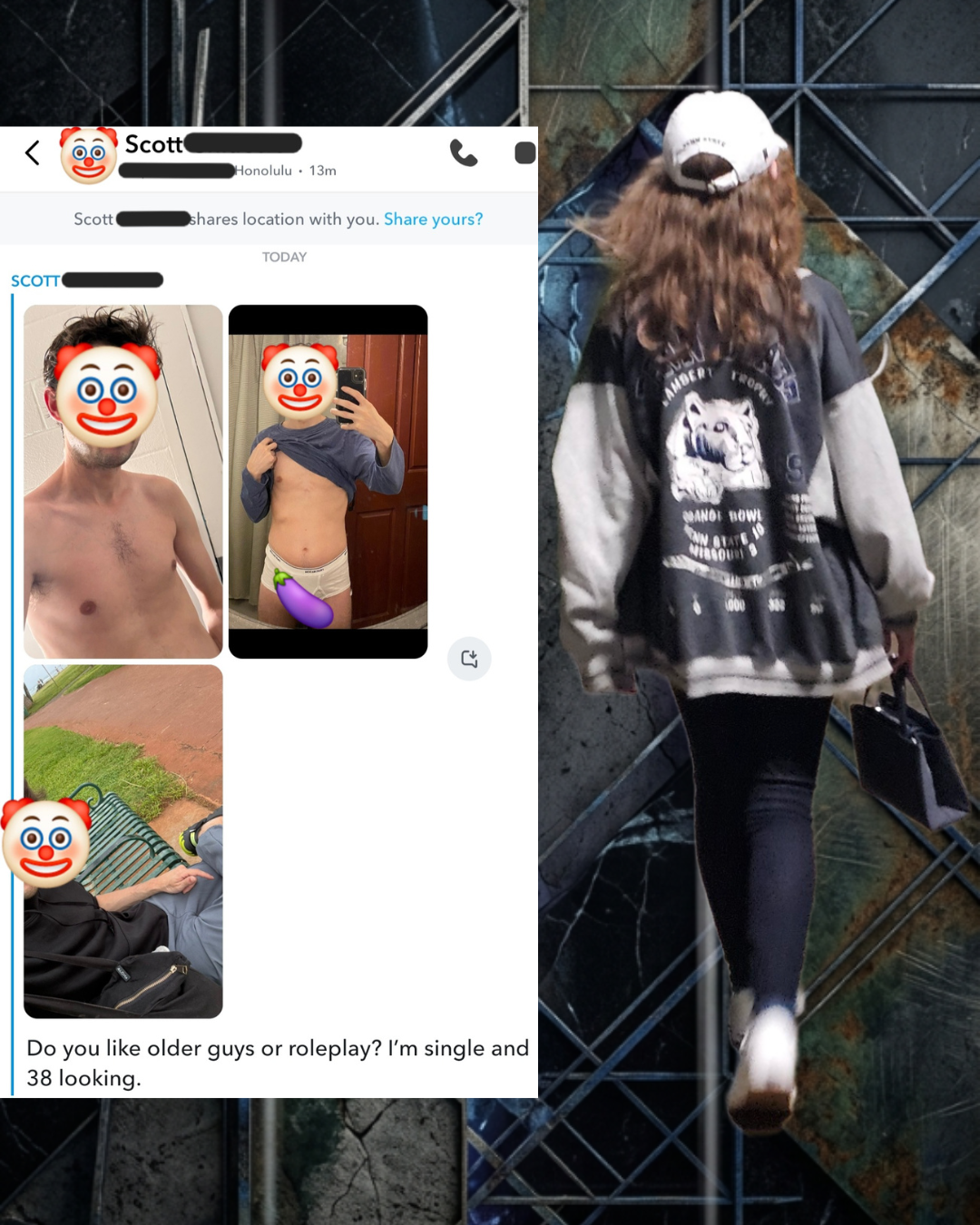 Side-by-side layout: Left shows a series of dating app screenshots featuring bold, unsolicited messages redacted with clown and eggplant emojis. Right shows a high-end editorial shot of the curator in a Penn State cap and jacket walking away.