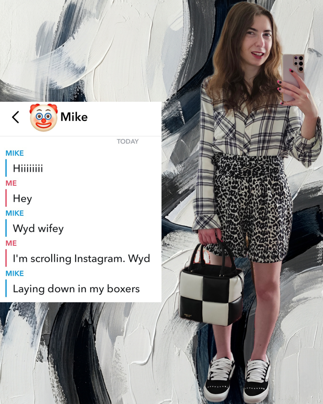 A woman in a black and white plaid shirt and leopard print shorts holds a phone displaying a funny Snapchat screenshot from a guy named Mike who escalates from calling her "wifey" to saying he is in his boxers.
