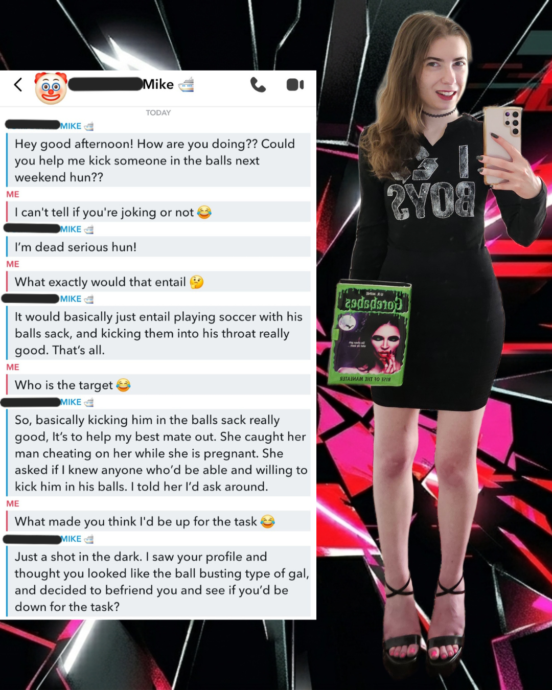 Madison in an 'I Recycle Boys' dress and gothic choker, holding a Gore-gous Dolls Kill book purse. Beside her is a censored chat with 'Mike' regarding a bizarre soccer task, all set against a black and pink shattered glass background.