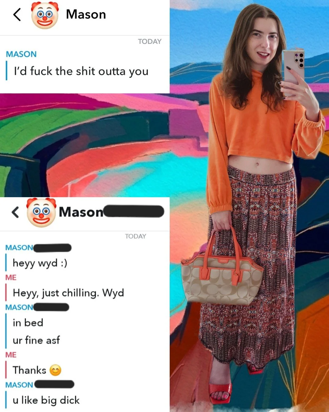 Madison in an orange velvet crop top and patterned maxi skirt with a Coach bag. The background is a vibrant abstract collage featuring uncensored dating app screenshots from two men named Mason with inappropriate opening messages.