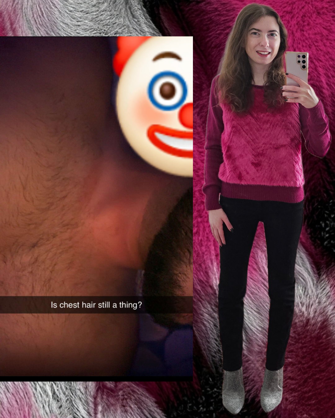Side-by-side comparison of an unsolicited Snapchat message from a man asking "Is chest hair still a thing?" with a clown emoji over his shoulder, next to Madison posing in a stylish magenta fuzzy sweater, black pants, and silver glitter boots.