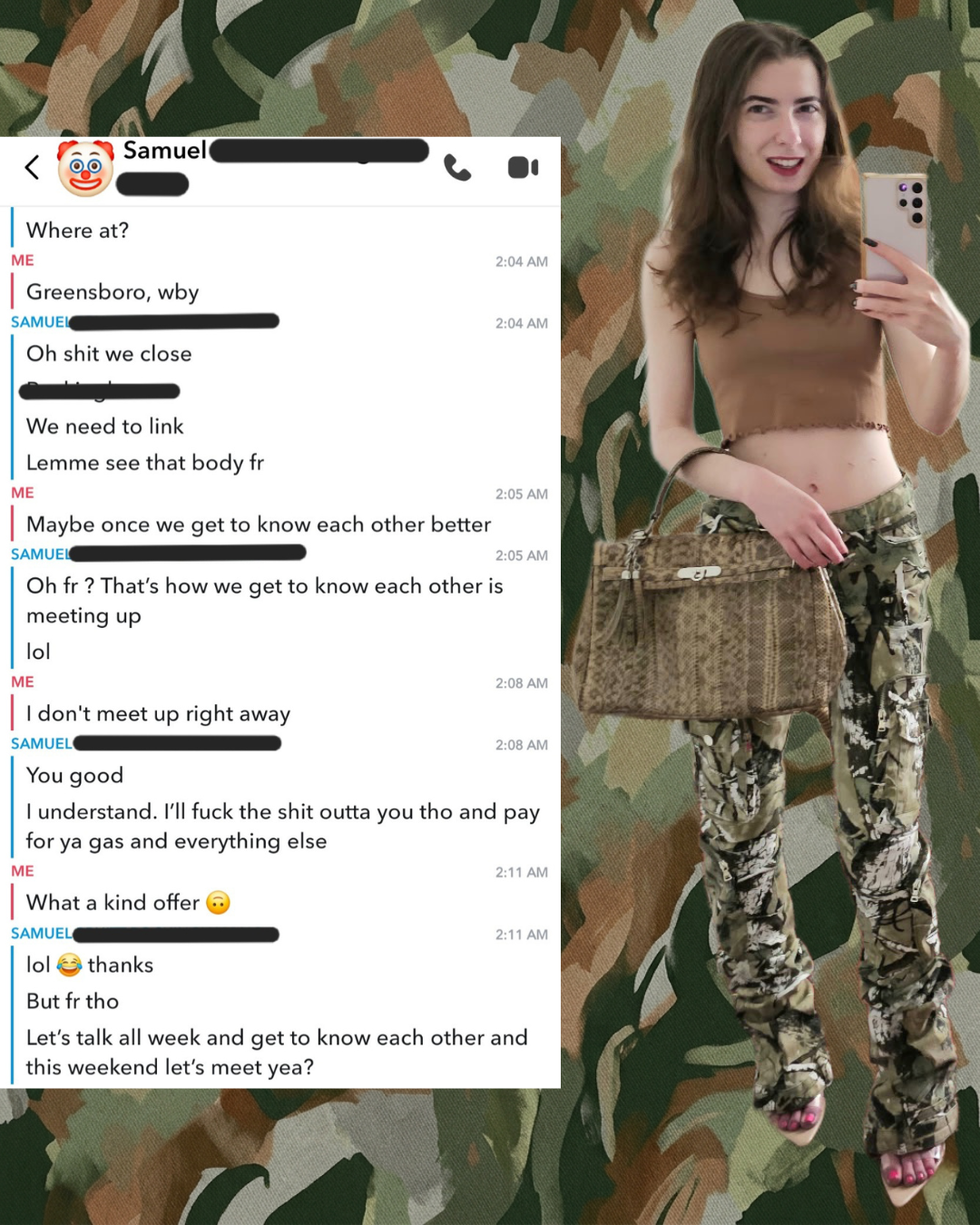 A content creator in stacked camo cargo pants and tan crop top posing next to a Snapchat screenshot with clown and emoji censorship. Set against a green abstract background, illustrating a "dating audacity" story for the Samu-Hell blog post.
