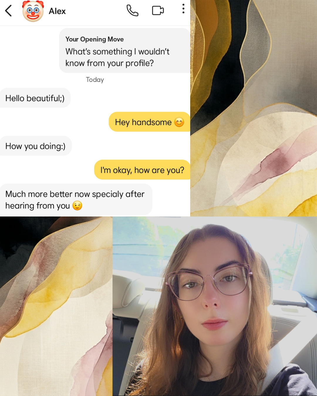 Split image showing a Bumble chat where a match says "Much more better now specialy," paired with a deadpan car selfie reaction. Abstract golden and black backgrounds border the collage.