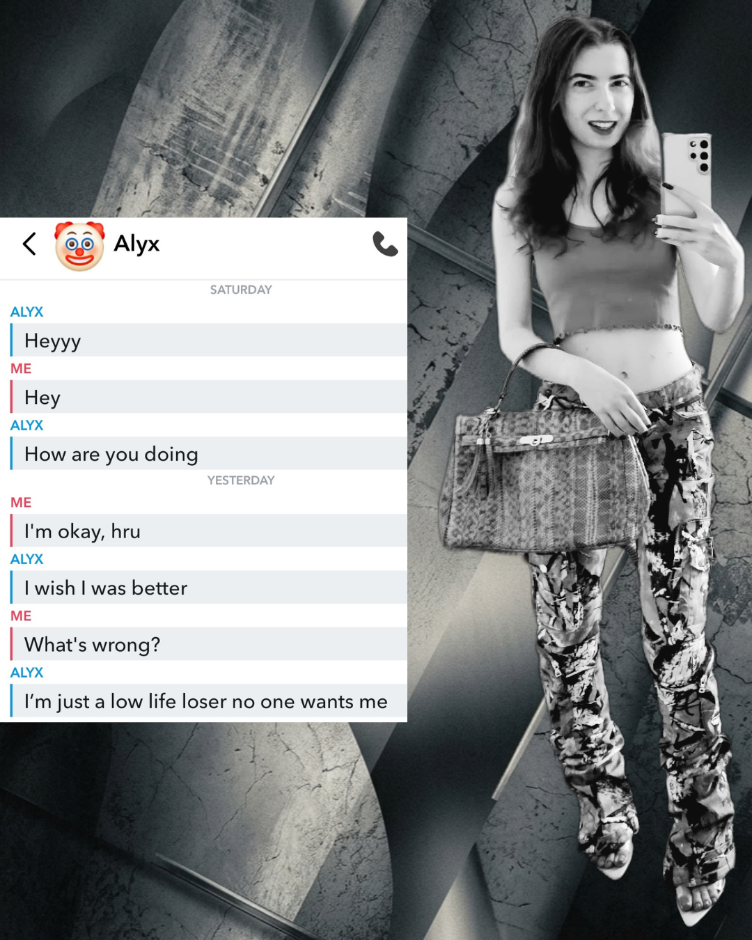 Black and white image of a brunette woman in maximalist fashion holding a designer snakeskin bag next to a Snapchat screenshot of a guy claiming he is a low life loser.