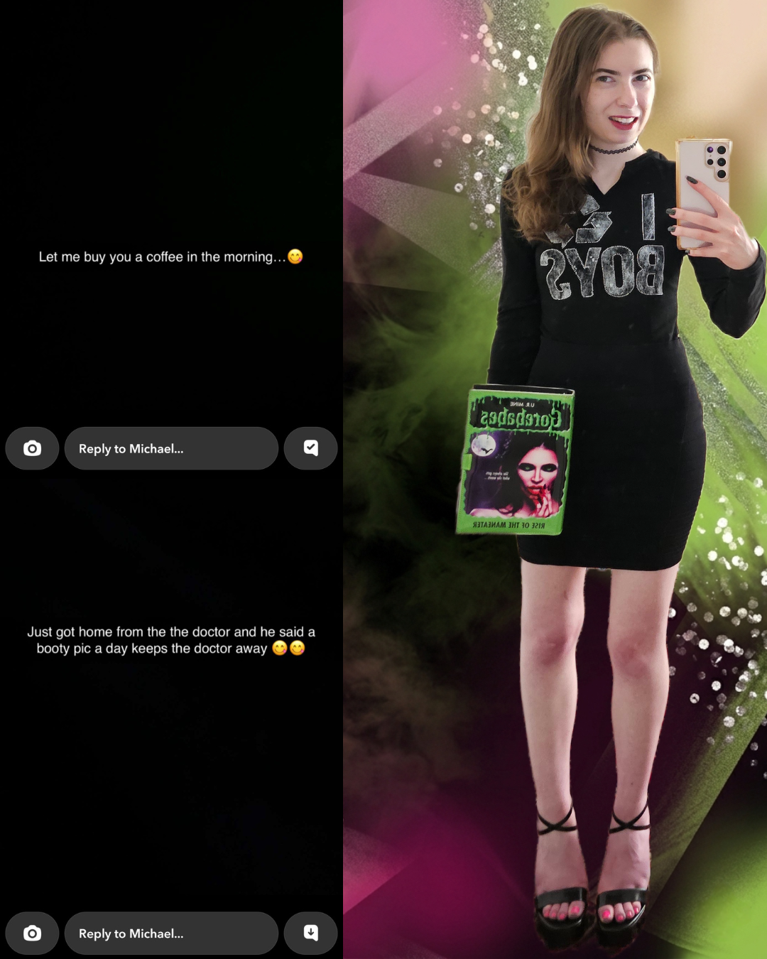 ​Split screen: Left side shows a dark Snapchat chat log with text messages about coffee and a doctor. Right side shows a brunette woman in a black dress holding a horror book purse against a green graphic background.