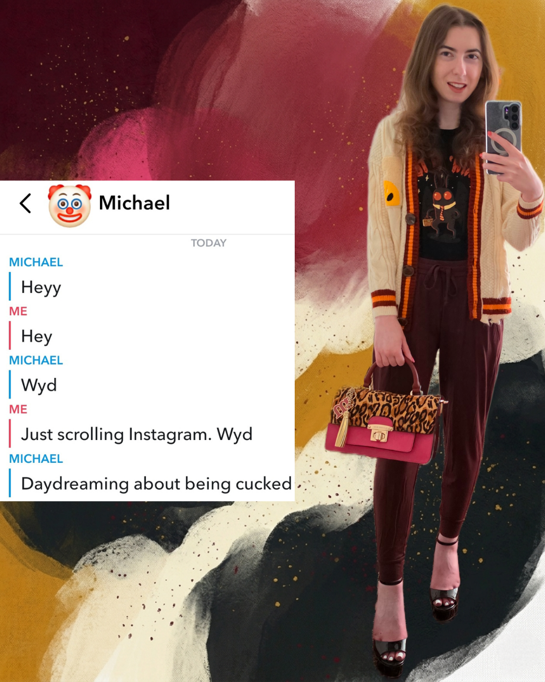 ​A brunette woman in an autumn outfit holds a bright leopard print handbag next to a screenshot of an unhinged dating app conversation where a guy named Michael immediately overshares an intimate daydream after basic small talk.