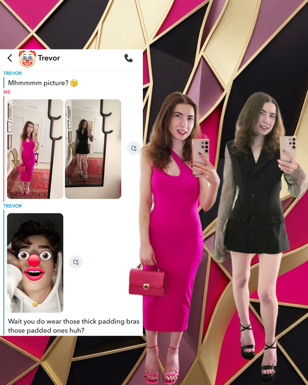Split screenshot of online dating text messages from Trevor next to two outfit photos featuring a hot pink cutout midi dress and a black blazer dress with rhinestone mesh sleeves.