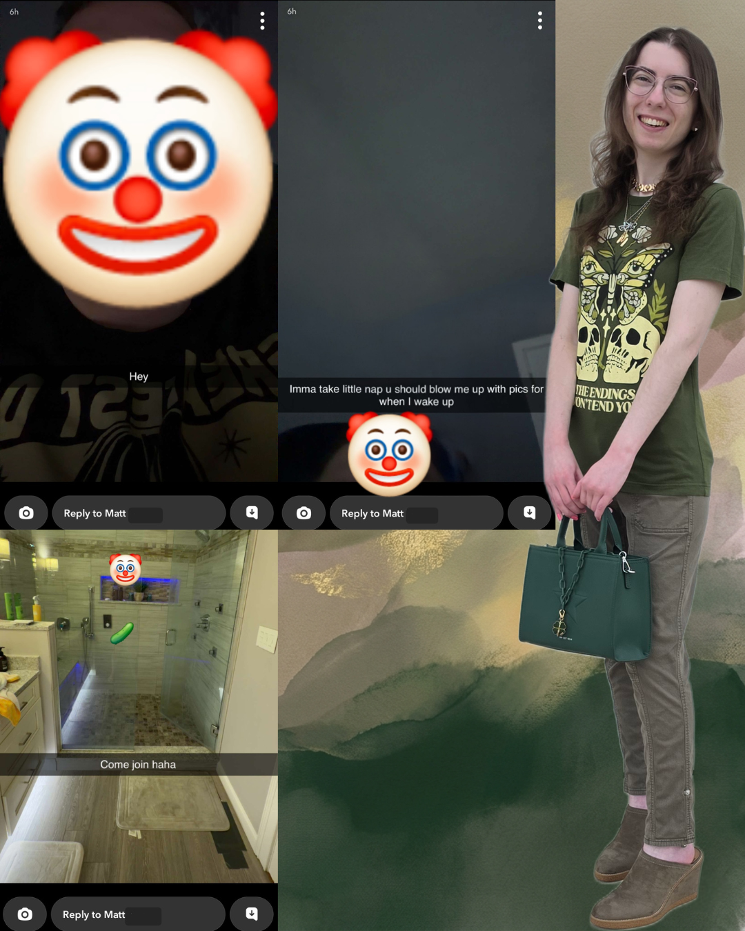 A cohesive image collage featuring three censored Snapchat screenshots on the left and a fashion portrait of a smiling woman holding a green handbag on the right.