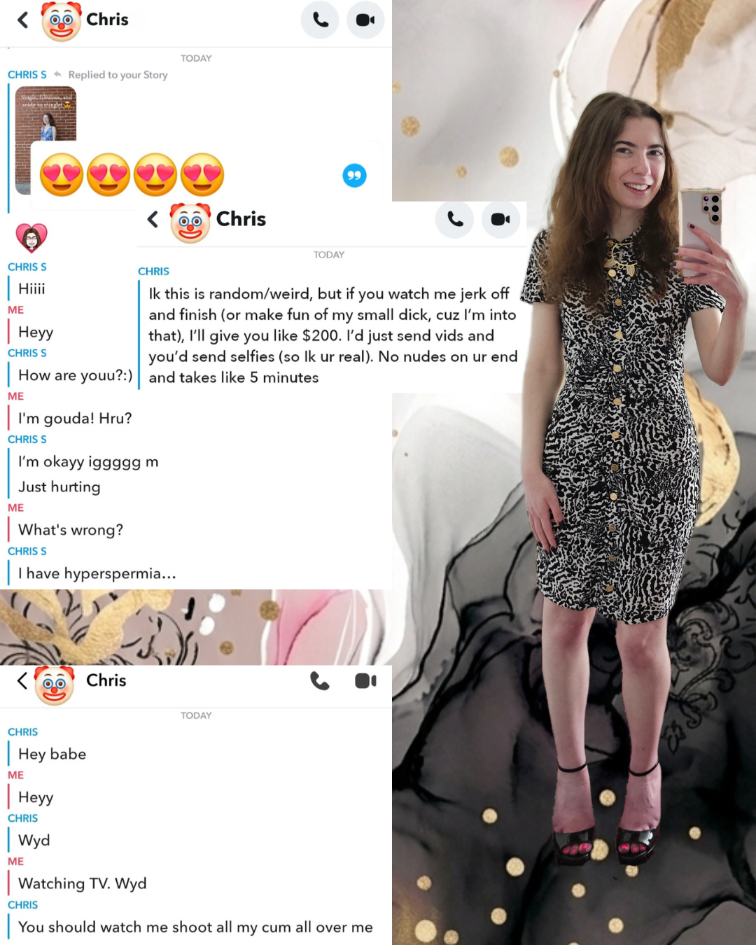 Collage of 3 chat logs from 3 men named Chris showing inappropriate dating behavior. To the right, Madison Fashion poses in a leopard print dress. A social commentary roast of digital dating culture titled Triple Chris My Ass.