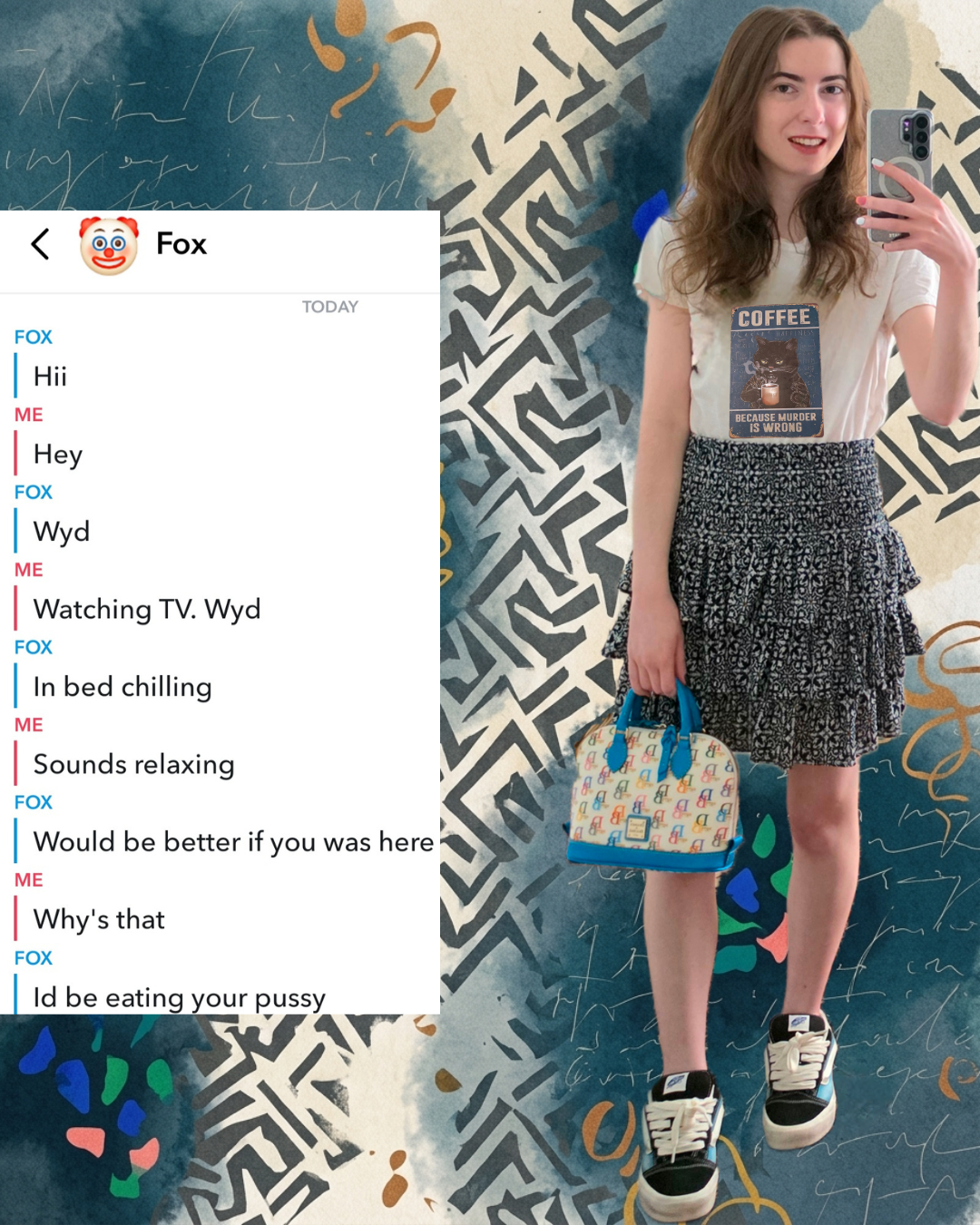 A two-panel image showing a screenshot of an online dating social media chat on the left paired with an outfit selfie on the right featuring a coffee cat tee and patterned tiered skirt.
