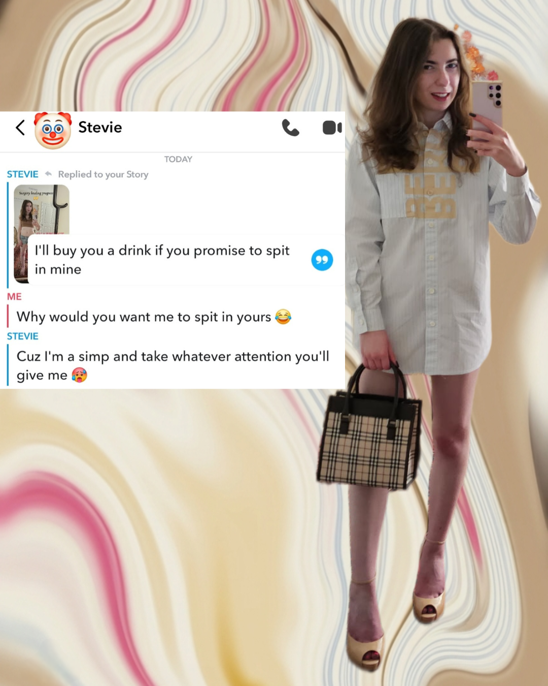 Editorial collage for Professionally Messy brand. Madison in oversized Burberry shirt and plaid bag, overlaid with a social media chat dating roast. Abstract psychedelic swirl background in tan, cream, and hot pink.